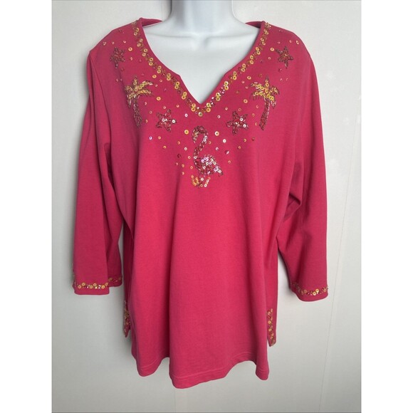 Quacker Factory Womens Shirt Large Pink Flamingo Colorful Fun Cruise Vacation - Picture 1 of 11